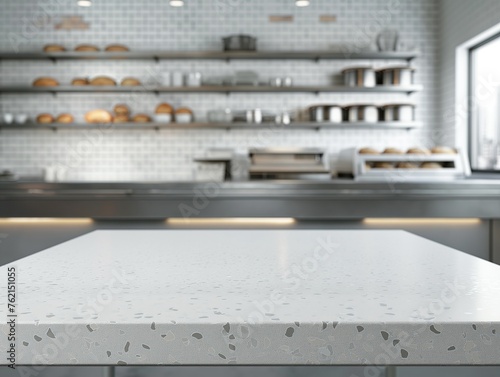 Clean white countertop with bakery shelves blurred in the background, showcasing a fresh and hygienic bakery environment.