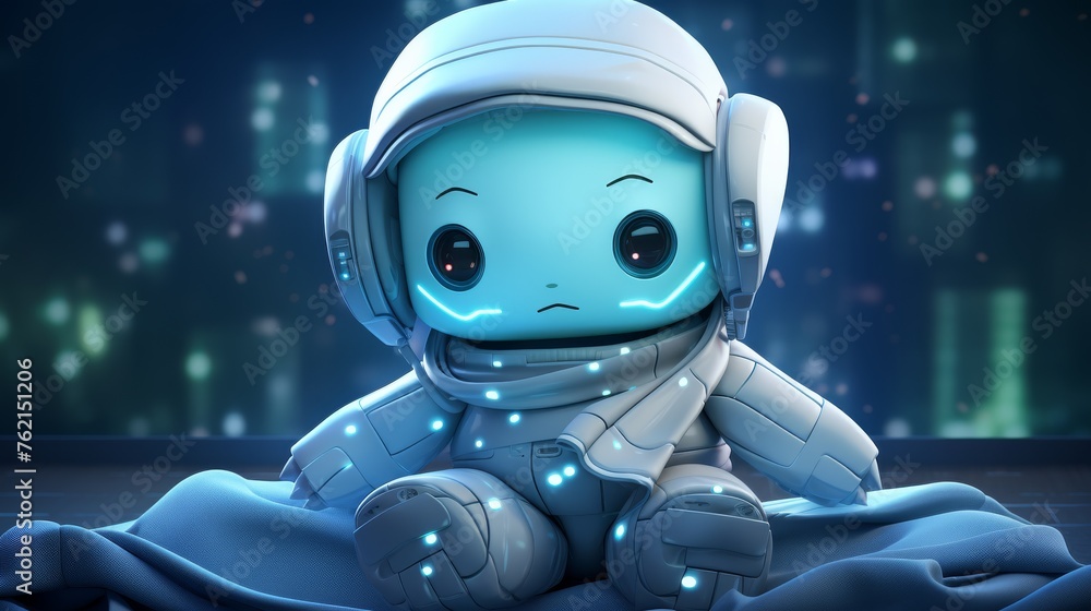 Small Robot Sitting on Bed Small Robot Sitting on Bed