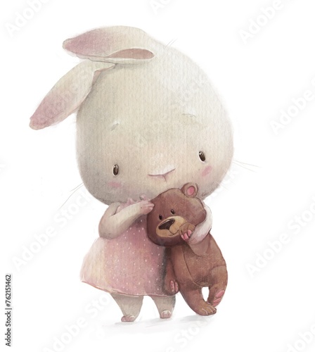 cute little hare girl with a teddy bear