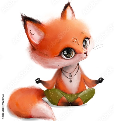 Cute cartoon fox with on the lotus pose