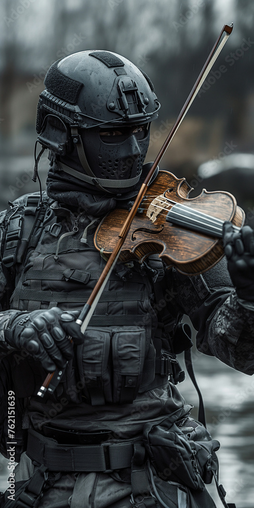 Soldat spielt Violine für die verstorbenen Kameraden, ai generativ - obrazy, fototapety, plakaty 