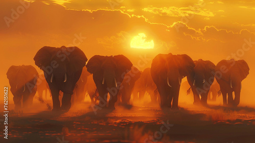 A herd of elephants walking through the dusty plains of Africa at sunset, creating a striking silhouette against the glowing horizon,hyper realistic, low noise, low texture, surreal © North