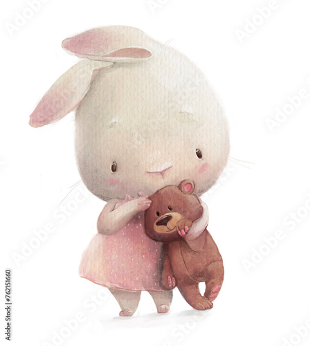 cute white bunny girl with a teddy bear © cofeee