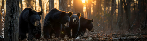 Black bear family walking towards the camera in the forest with setting sun. Group of wild animals in nature. Horizontal, banner.
