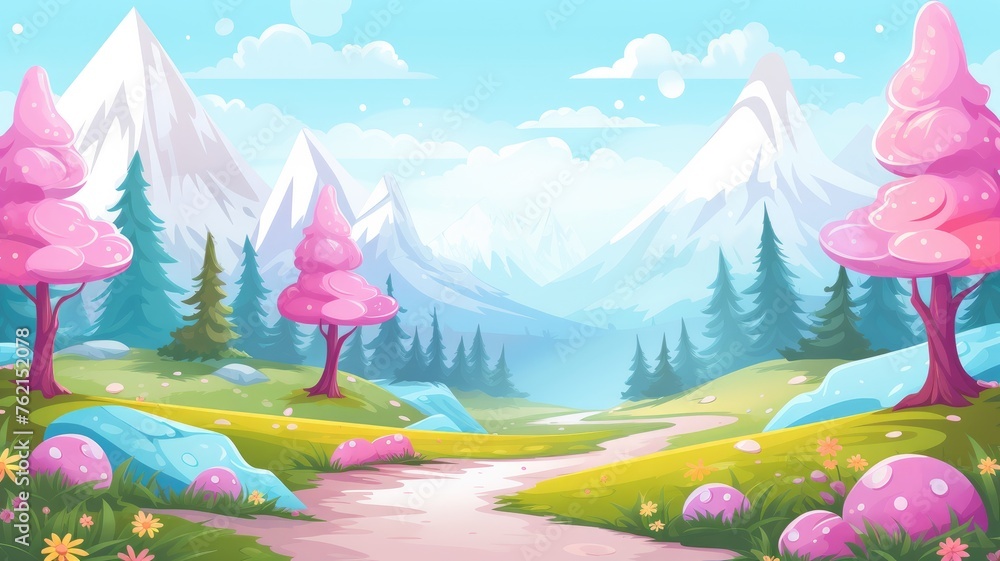 Fototapeta premium cartoon landscape with mountains, a path, and colorful flowers