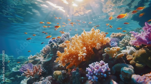 Underwater with a coral reef  vibrant marine life. Generative AI.
