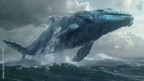 A massive blue whale robot breaching the ocean surface, a moment of awe-inspiring power and grace,hyper realistic, low noise, low texture, surreal © North