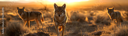 Coyot family standing in front of the camera in the rocky plains with setting sun. Group of wild animals in nature. Horizontal, banner.