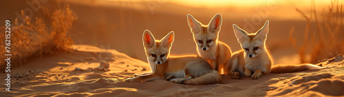 Fennec family sitting in the desert with setting sun shining. Group of wild animals in nature. Horizontal, banner. © linda_vostrovska