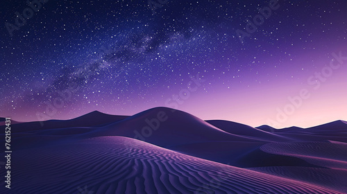 Minimalistic night landscape of desert dunes under a mesmerizing gradient starry sky