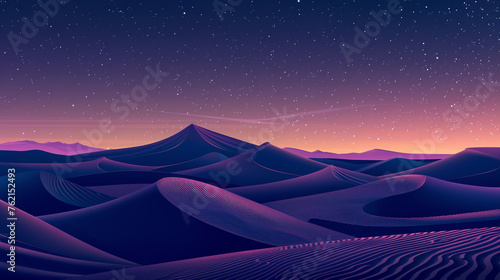 Minimalistic night landscape of desert dunes under a mesmerizing gradient starry sky