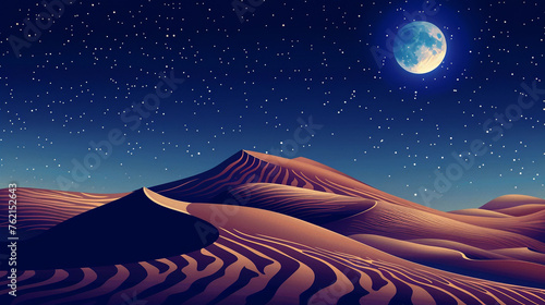 Minimalistic night landscape of desert dunes under a mesmerizing gradient starry sky