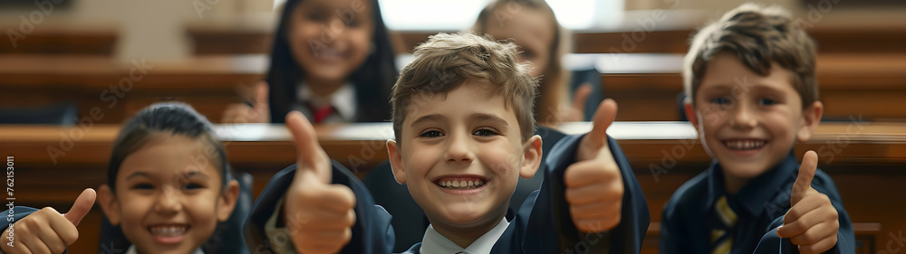 Group of children smiling, having thumbs up doing their dream job as Judges sitting in the court room. Concept of Creativity, Happiness, Dream come true and Teamwork. - obrazy, fototapety, plakaty 