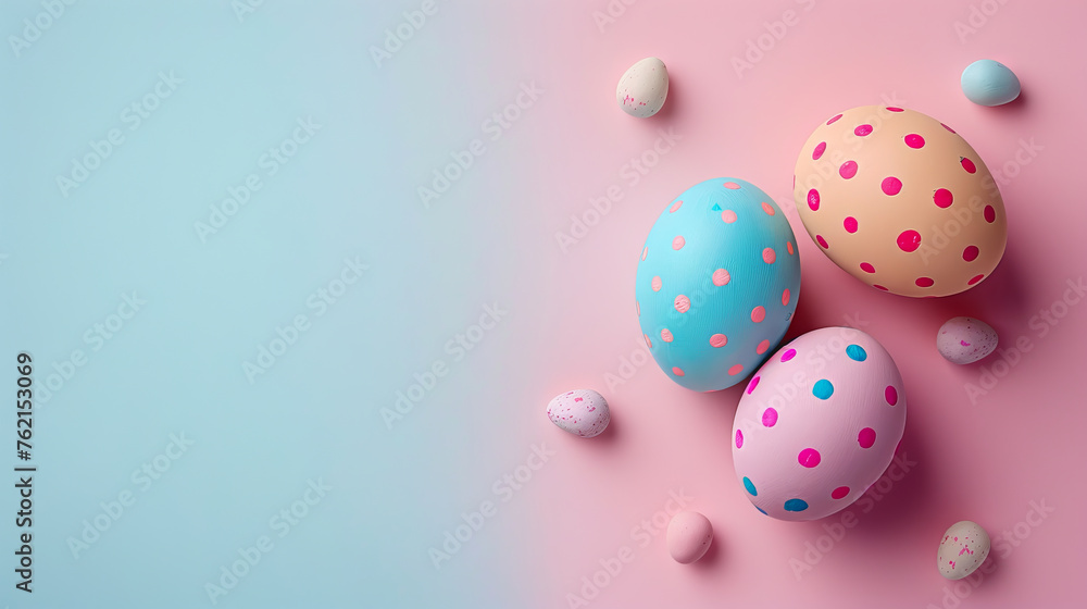  Easter eggs on blank background with pastel colours, leaving ample space for text.
