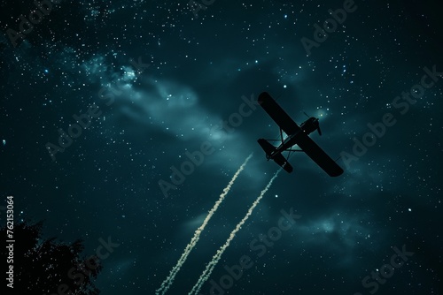 Silhouette of a biplane with smoke trails under a starry night nostalgic flight.