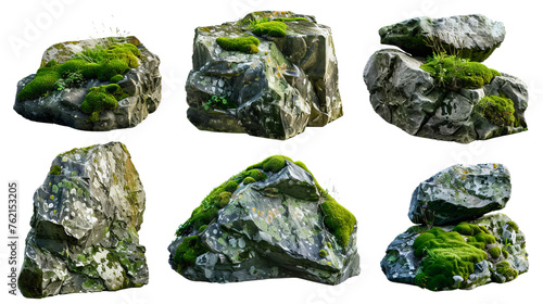 Natural rocks adorned with moss, forming a picturesque scenery on a white backdrop.
