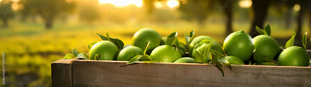 Limes harvested in a wooden box with orchard and sunshine in the background. Natural organic fruit abundance. Agriculture, healthy and natural food concept. Horizontal composition, banner. - obrazy, fototapety, plakaty 