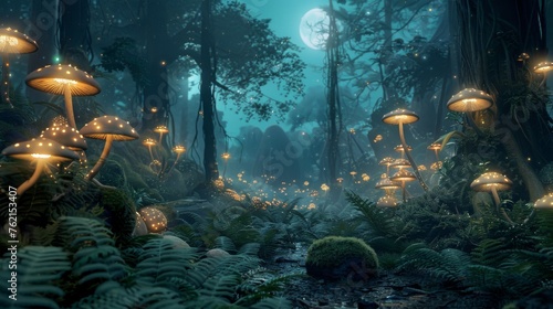 Enchanted mystical glade illuminated by bioluminescent mushrooms under a moonlit sky - Dense forest with a variety of mushrooms casting a soft ethereal glow created with Generative AI Technology