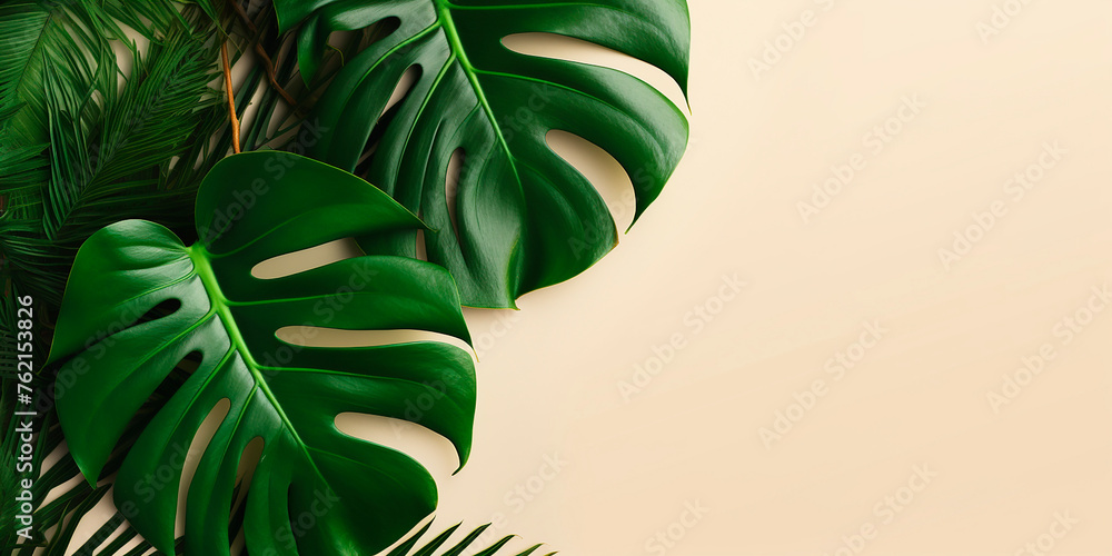 Green tropical leaves of monstera and palm. Decorative tropical plants with space for text - obrazy, fototapety, plakaty 