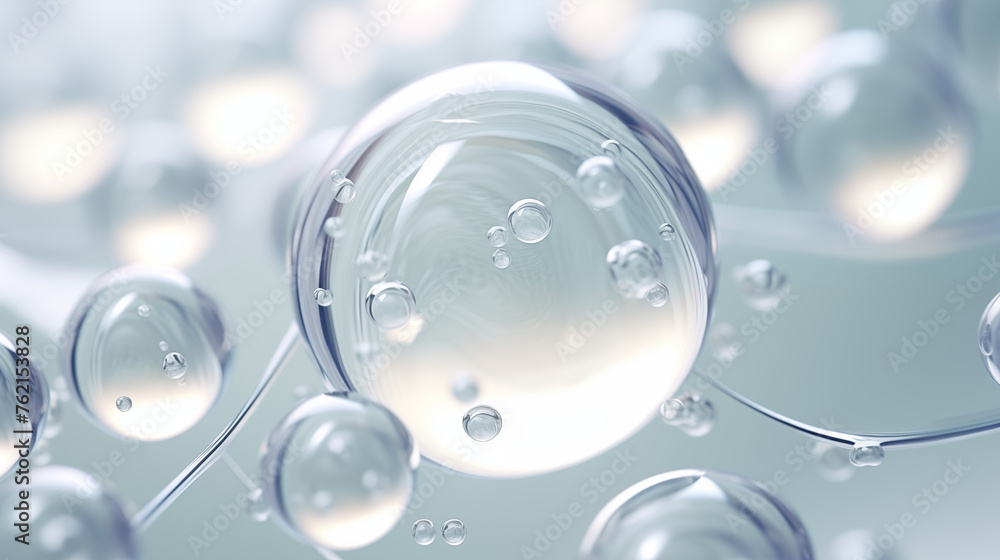 Transparent spheres of water and bubbles float on a blue background, with drops on glass adding to the serene scene