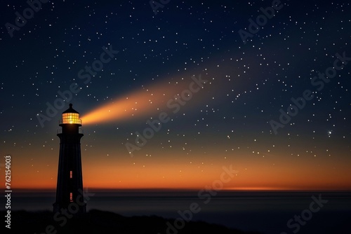 Silhouette of a lighthouse beam with smoke signal under a starry night guiding light.