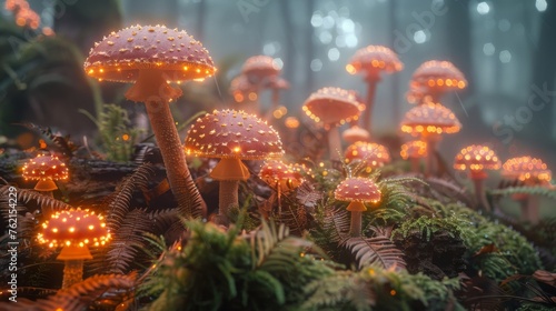 Enchanted mystical glade illuminated by bioluminescent mushrooms under a moonlit sky - Dense forest with a variety of mushrooms casting a soft ethereal glow created with Generative AI Technology © Generative Plants