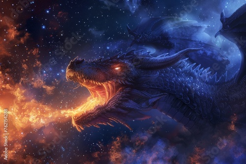 A dragon exhaling smoke and fire under a starry night sky