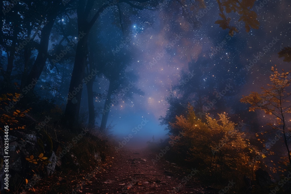 A forest path shrouded in fog and smoke under a starry night sky