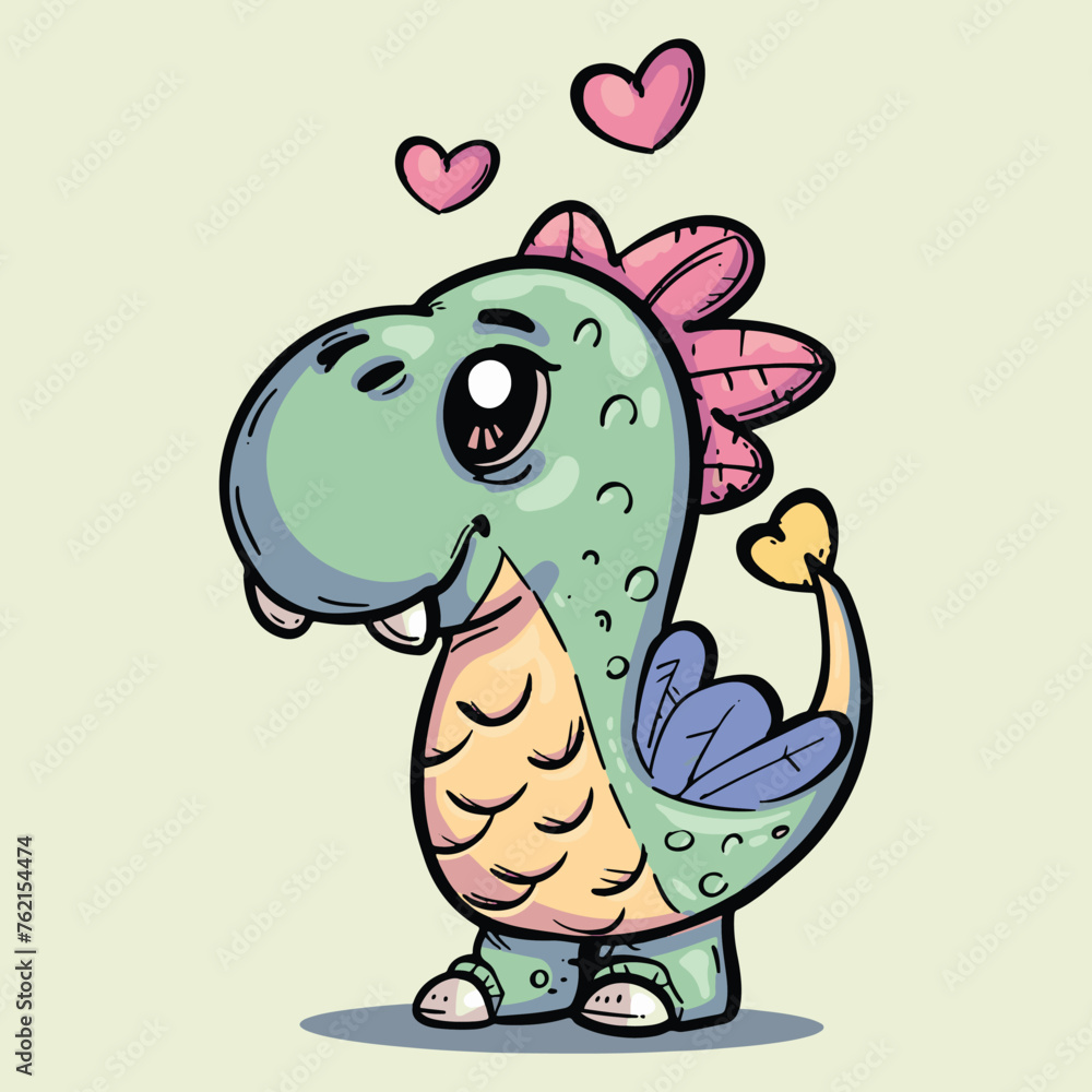 Obraz premium Adorable cute happy dinosaur in pastel colors with hearts and smile