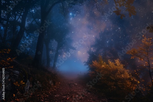 A forest path shrouded in fog and smoke under a starry night sky
