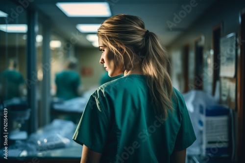Woman in Green Scrubs in Hospital Hallway