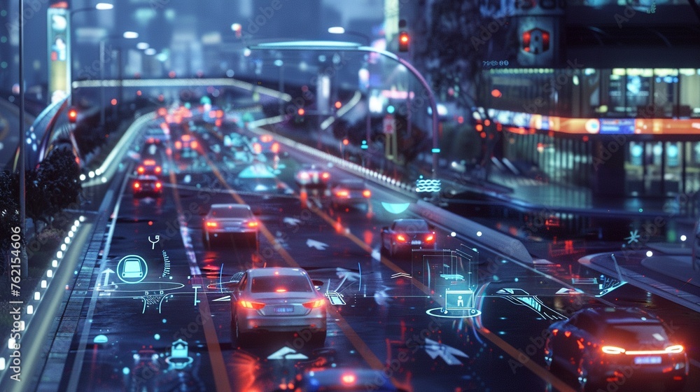 Smart city traffic management system visualized in holograms, tech showcase.