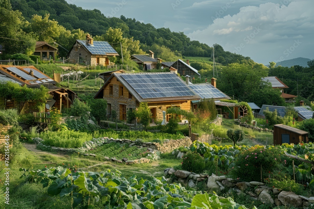 Professional Photography of a Sustainable Eco-Village Nestled in a Picturesque Countryside, Generative AI