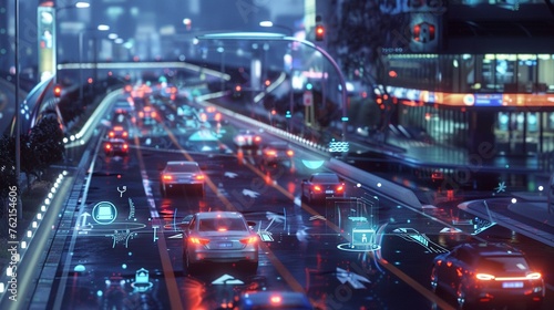 Smart city traffic management system visualized in holograms, tech showcase.