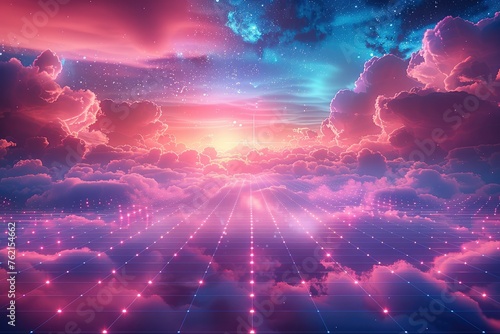 Retro wave grid, in the style of synthwave, space and clouds in the background. Generative AI.