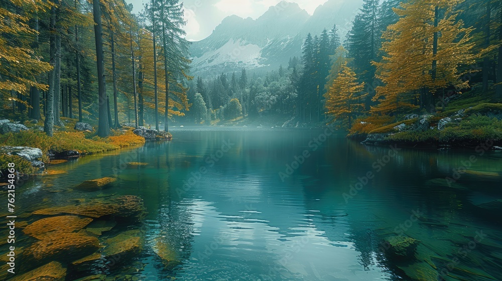 Naklejka premium Beautiful landscape depicting a lake surrounded by a forest. Generative AI.