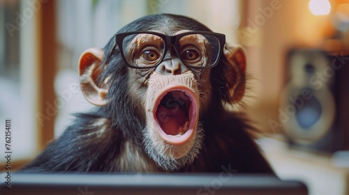 Anthropomorphic monkey with glasses working at a laptop in an office Human characters through animals Creative idea Shocked, startled or frightened look with wide open mouth and bulging eyes © ธนากร บัวพรหม