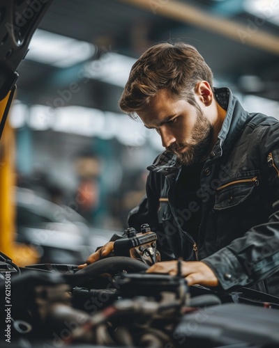 The focused efforts of a mechanic, opening a cars hood to repair and resolve problems, showcasing the diligence and expertise required in auto maintenance and repair