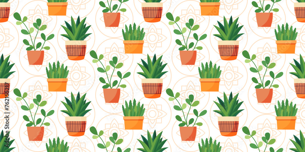 Seamless pattern of houseplants in pots. Colorful vector illustration background with a variety of potted indoor plants. 