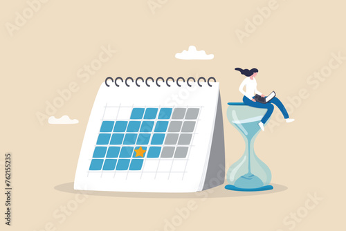 Calendar deadline to finish work, time countdown to launch date, reminder or planner, organize work or project management concept, businesswoman work computer laptop on sandglass and calendar date. © Nuthawut