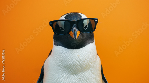 Penguine with sunglasses isolated on orange background © Alexander