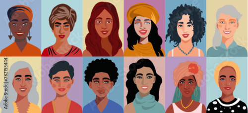 Retrato de medio cuerpo de grupo de mujeres de diferentes razas y colores. Set de vectores de dibujos animados de cara de mujeres. Avatar de mujer.