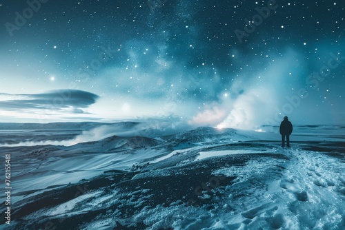 Icy landscape with smoke rising from geothermal vents under a starry night sky