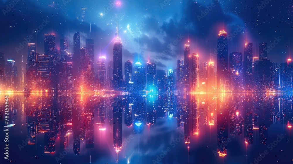 A cityscape with neon lights. Modern hi-tech, science, futuristic technology concept. Generative AI. - obrazy, fototapety, plakaty 