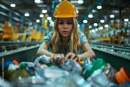 Woman sorting and separating recyclables in a recycling plant to raise environmental awareness. Concept Environmental Awareness  Recycling Plant  sorting recyclables  Sustainable Living