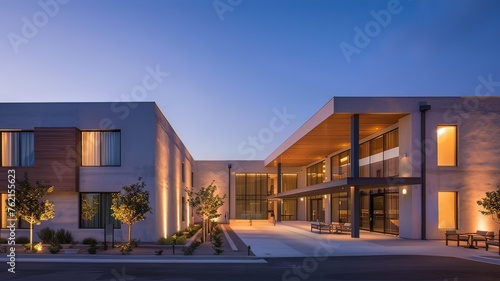 Horizontal AI illustration modern architectural marvel at dusk. Architecture and buildings concept.