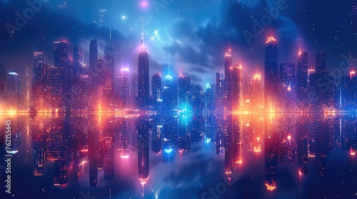 A cityscape with neon lights. Modern hi-tech, science, futuristic technology concept. Generative AI.