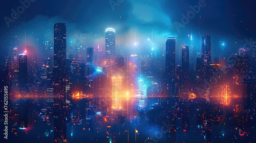 A cityscape with neon lights. Modern hi-tech, science, futuristic technology concept. Generative AI. © visoot