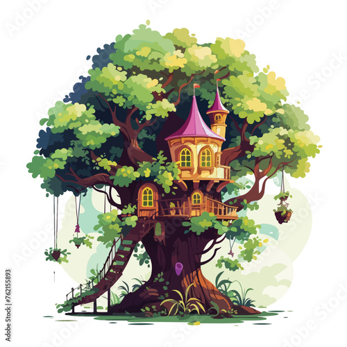 Whimsical treehouse in a magical forest illustration © Quintessa