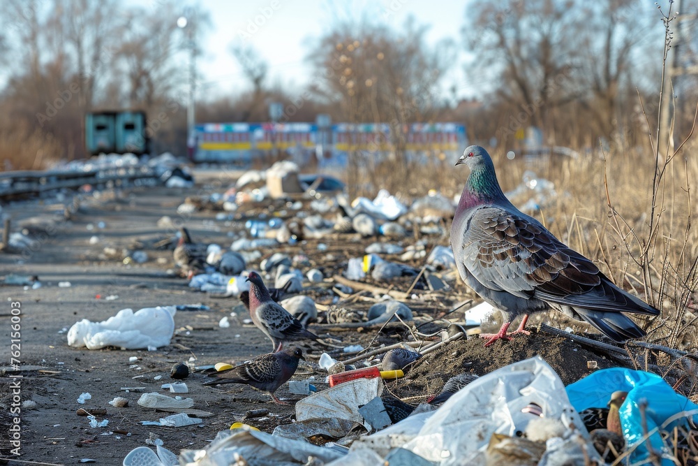 Fototapeta premium Birds Standing on Trash Stack